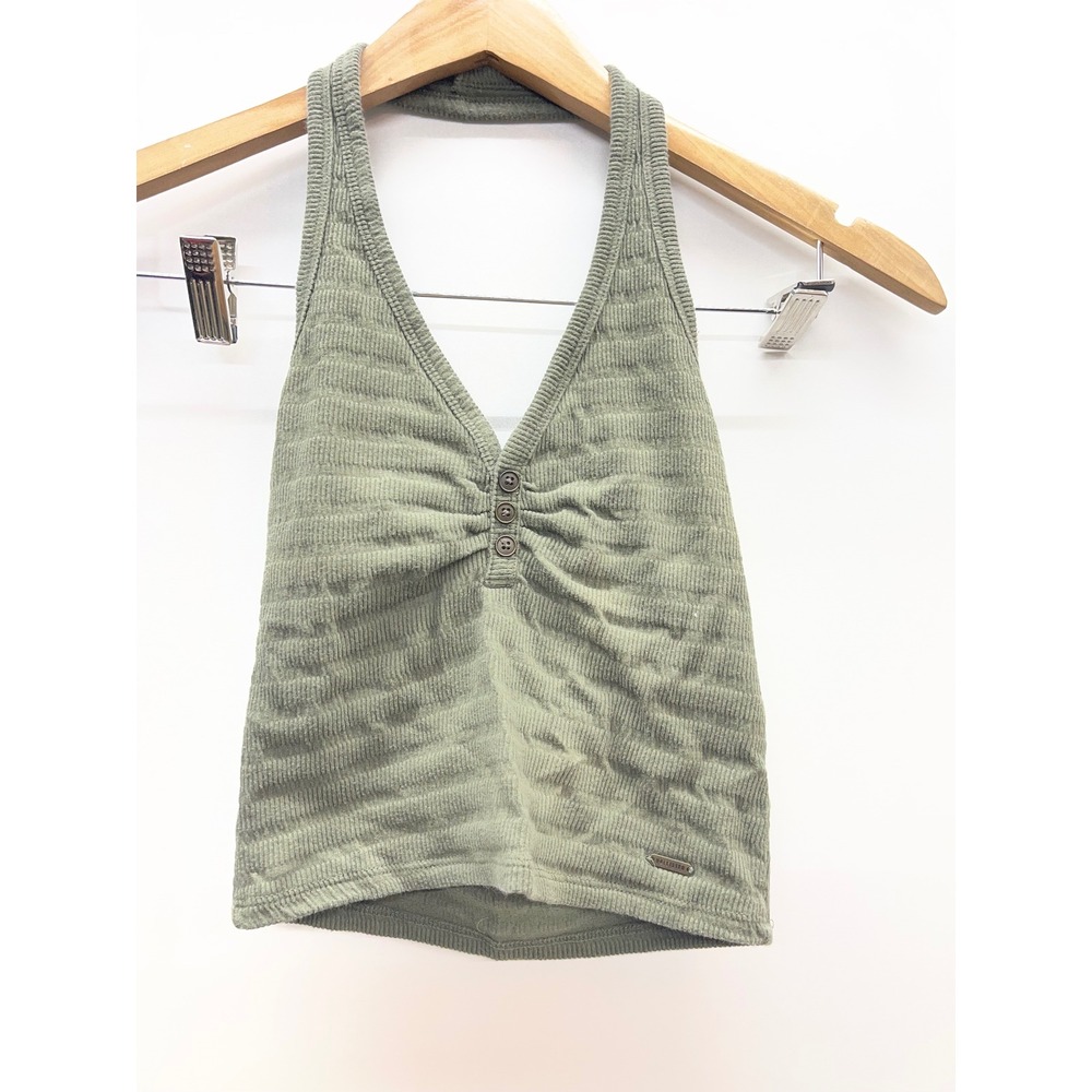 Hollister Womens Olive Green Ribbed Halter Top‎ Henley Button Ruched Crop XS